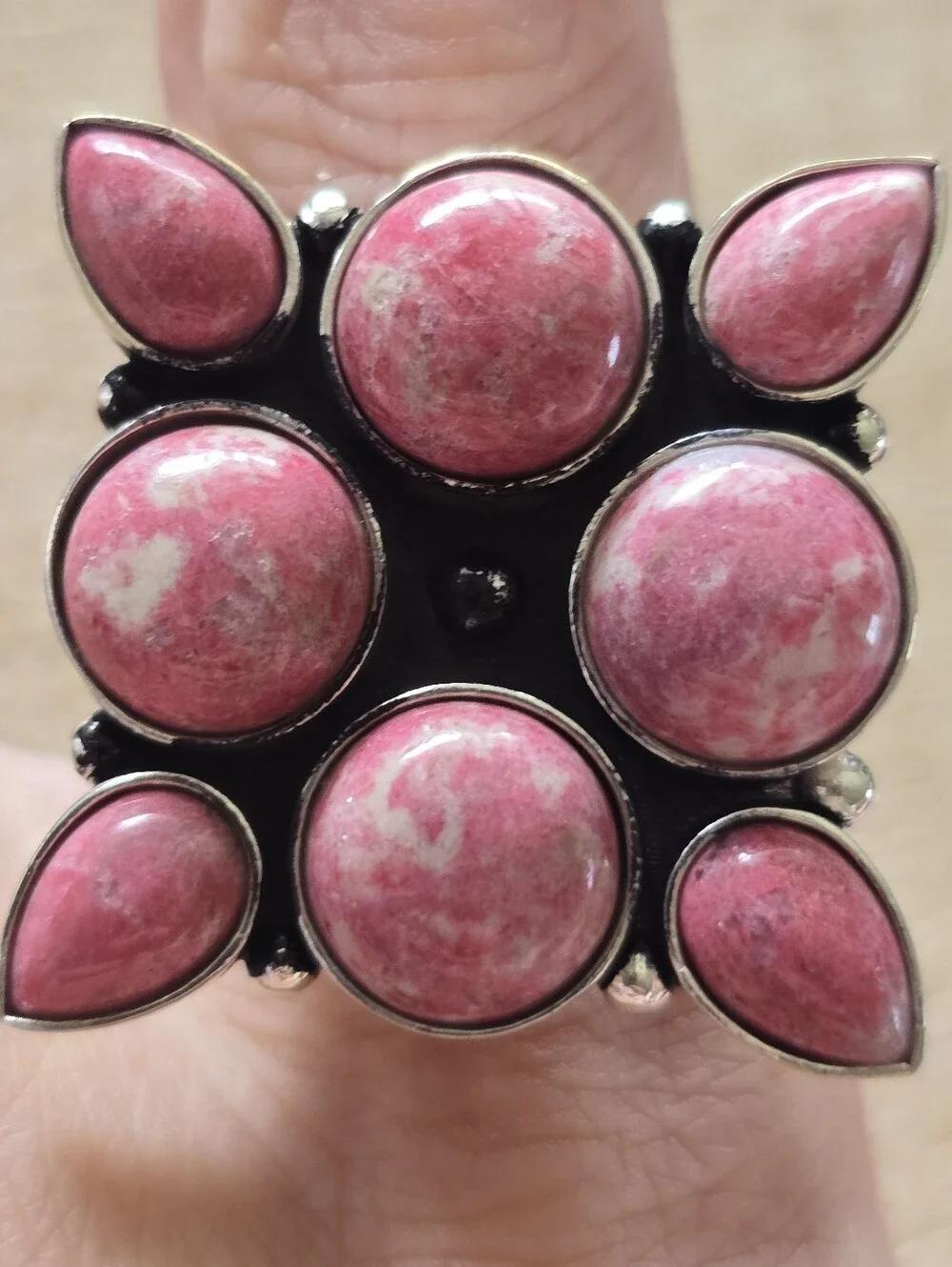 Stunning Statement Ring With Pink Rhodochrosite In SP Copper, Southwestern